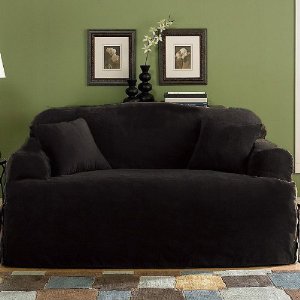 Soft Micro Suede Solid Black T-cushion Loveseat Cover Slipcover