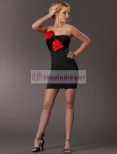 Sheath strapless bow satin short prom dress