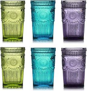 Kingrol 6 Pack 12 oz Vintage Drinking Glasses, Embossed Romantic Water Glas