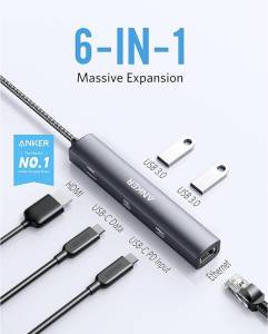 Anker 6-in-1 USB C Hub with 65W Power Delivery, 4K HDMI